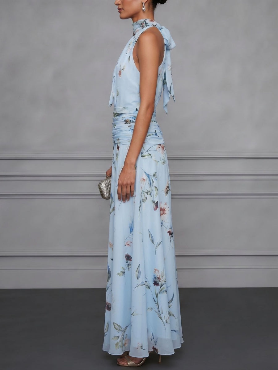 Halter Printed Temperament Waist Parties Maxi Dresses