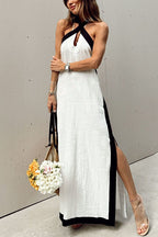 Halter Backless Side Split Color Block Cotton Linen Maxi Dress