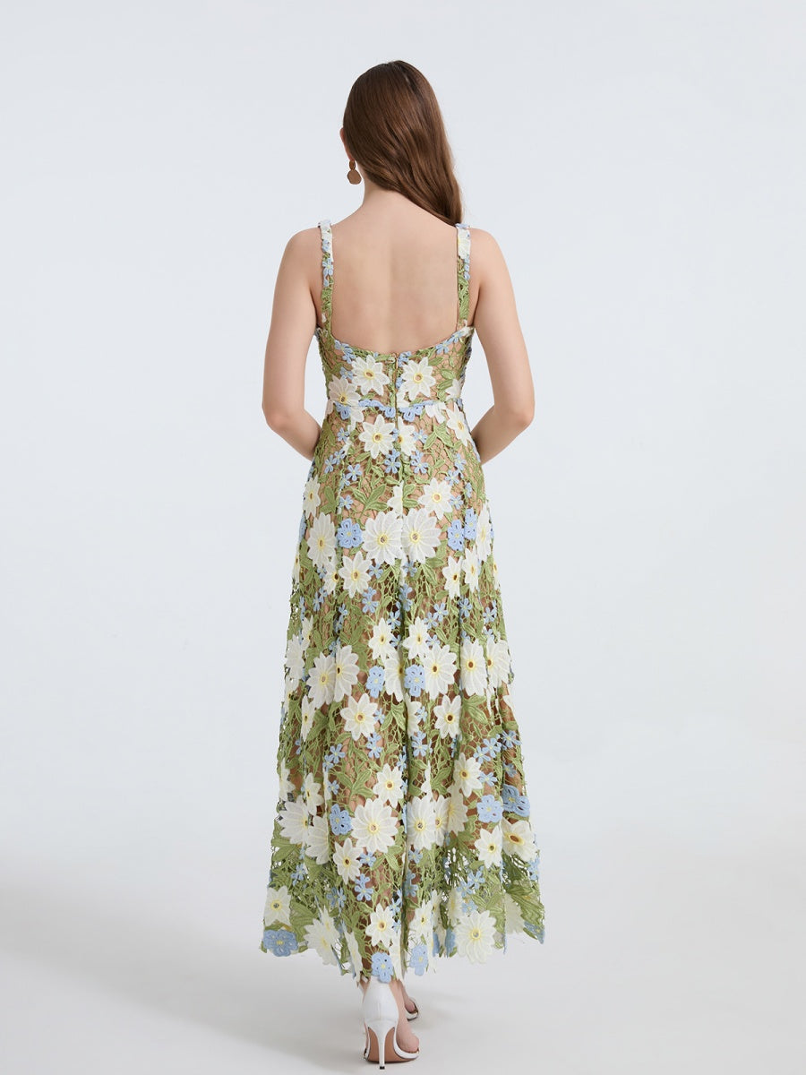 Lace Embroidery Spaghetti Strap Long Dress