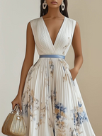 V-neck Sleeveless Pleated Floral Print Maxi Dresses