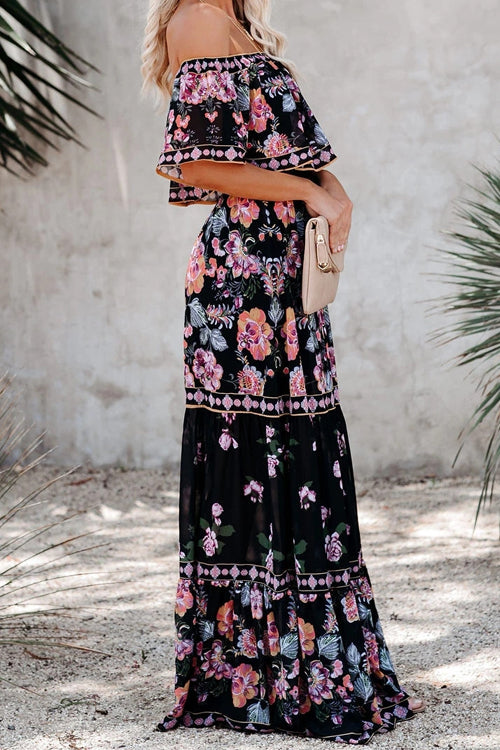 Off Shoulder Ruffle Bardot Tiered Sash Tie Tropical Floral Maxi Dress