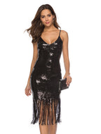 Deep V-neck Tassel Embroidery Sexy Sequined Backless Dress Midi Dresses