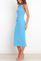 One Shoulder Sleeveless Side Split Ruched Midi Dress