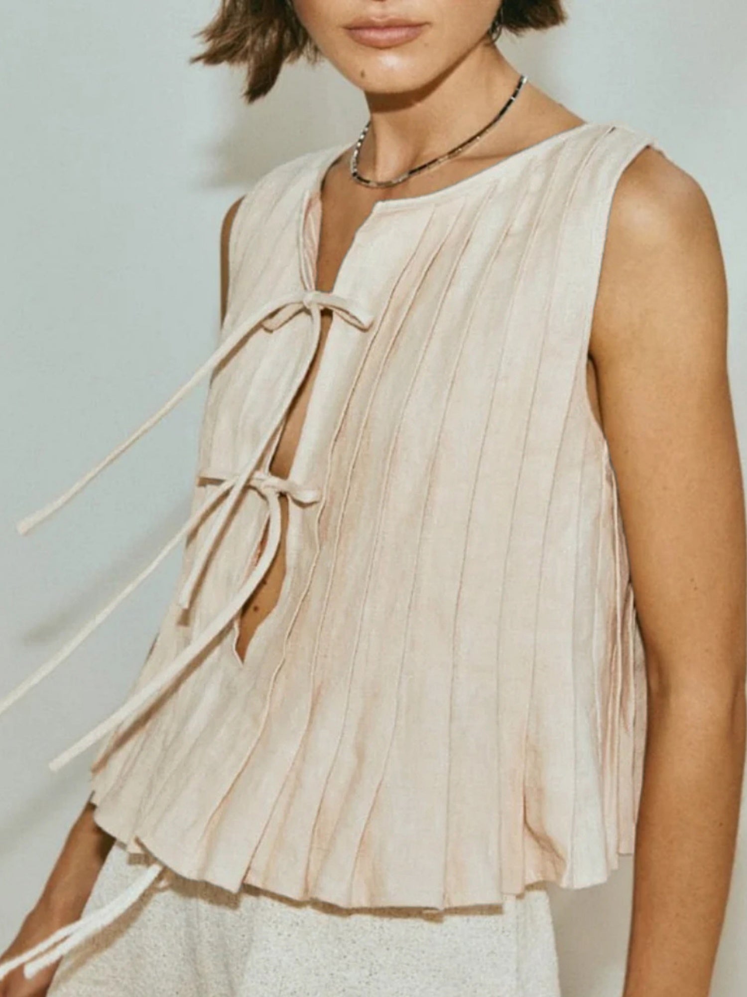 Cotton And Linen Straps Pleated Tank Tops