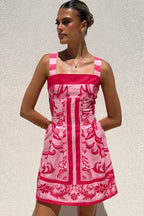 Ornamental Print Square Neck Wide Strap A-Line Mini Dress