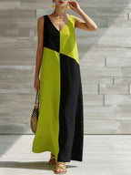 Simple Solid Color Color-blocked Off-shoulder Dress