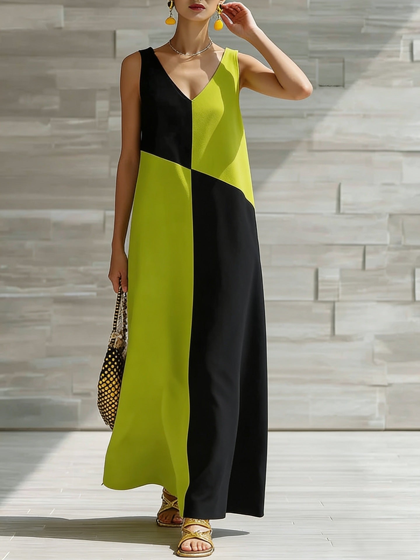 Simple Solid Color Color-blocked Off-shoulder Dress