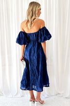 Off Shoulder Ruched Bust Puff Sleeve Floral Jacquard Midi Dress