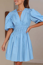 Deep V-Neck Bar Strap Puff Sleeve Smocked Waist Flared Mini Dress