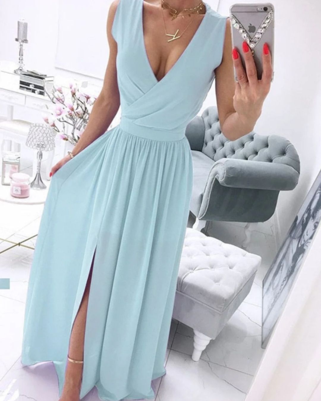 | Sleeveless Beach Dress in Deep V-Neck