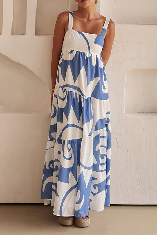 Backless Ruffle Tiered Printed Maxi Cami Dress