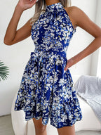 Printed Sleeveless Tie Mini Dress With A Full Skirt
