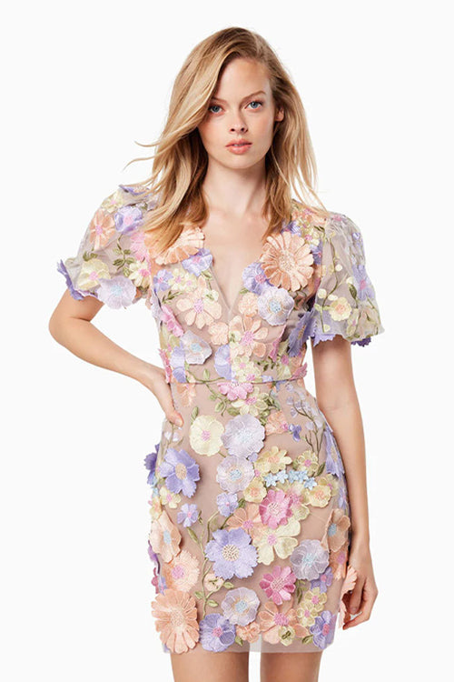 3D Floral Applique Puff Sleeve V Neck Sheer Mesh Mini Dress