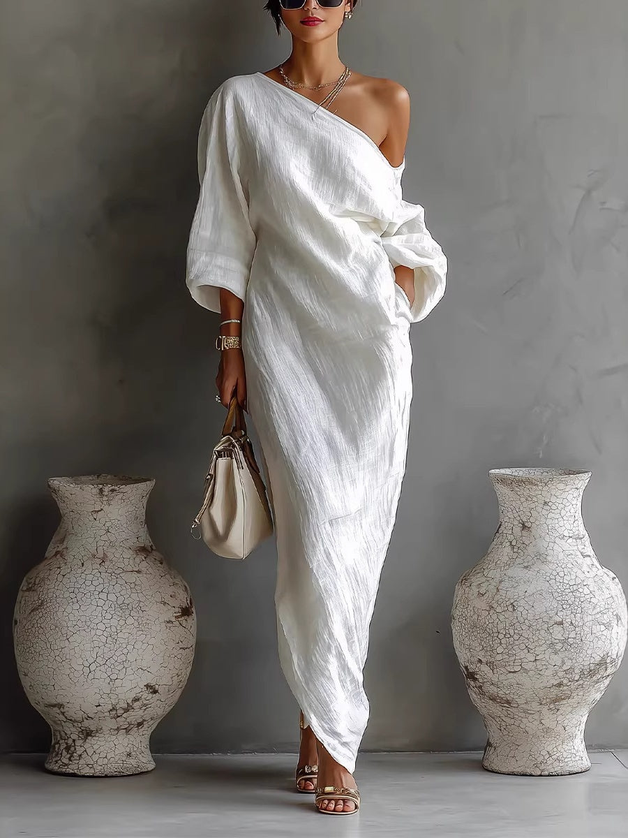 Long Sleeve Off-shoulder Comfort Loose-fit Maxi Dresses