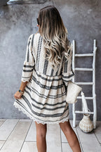 V-Neck Bell Sleeve Crochet Lace Trim Geometric Print Boho Mini Dress