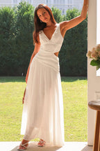 Deep V-Neck Cut Out Waist Sleeveless Wrap Pleated Maxi Dress