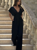 V-neck Commuting Wide Leg Jumpsuits