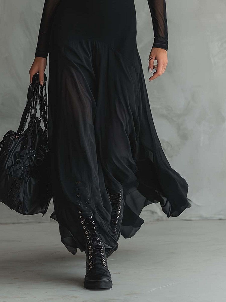 Black Long-sleeved Mesh-paneled Maxi Dress