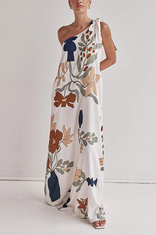 Tie Knot One Shoulder Floral Print Maxi Dress