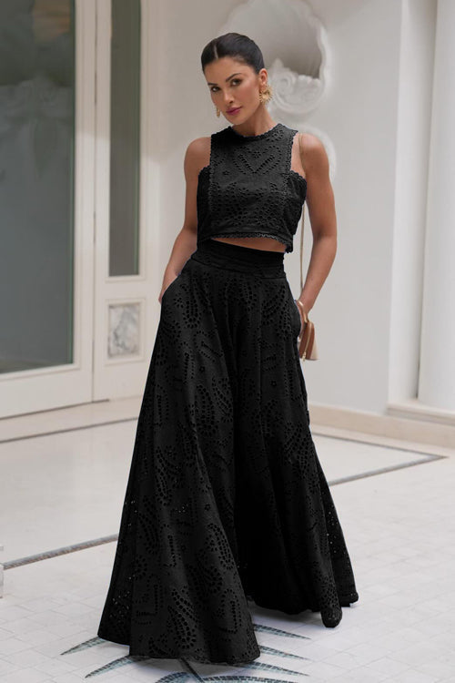 Eyelet Lace Heart Print Scalloped Trim Crop Top Wide Leg Pants Two Piece Set