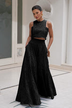 Eyelet Lace Heart Print Scalloped Trim Crop Top Wide Leg Pants Two Piece Set