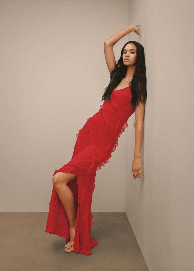 V-neck Ruffle Slit Maxi Dresses