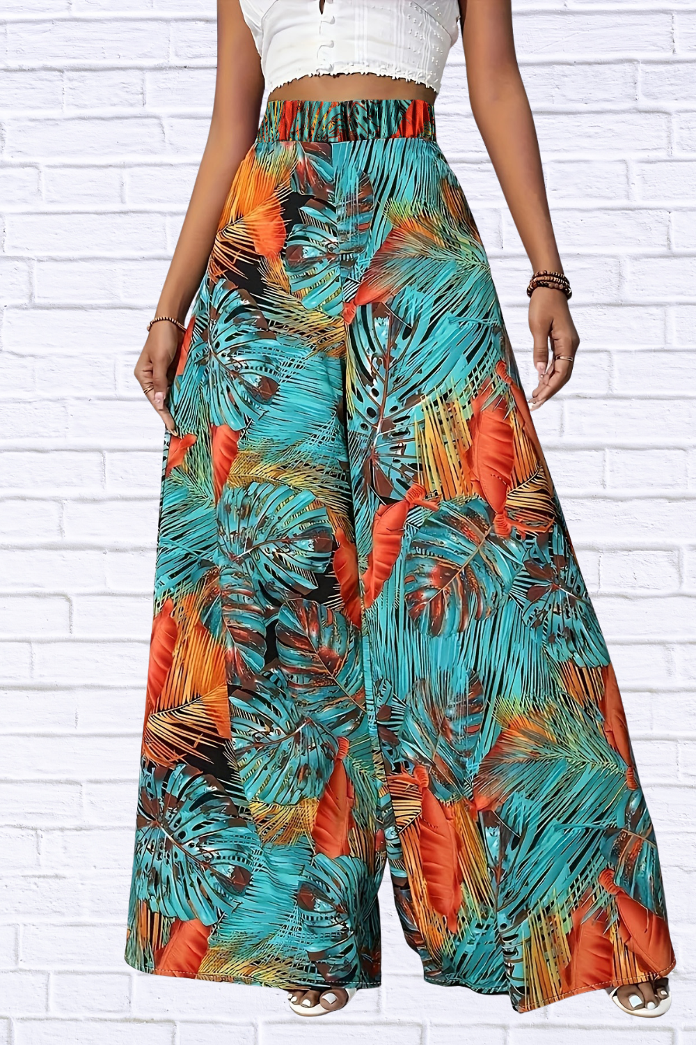 Tropical Print Wide Leg Pants