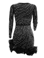 3D Flowers Hot-fix Rhinestones And Bubble Beads Evening Gown Sheer Long-sleeved Square Neck Mini&Short Dresses