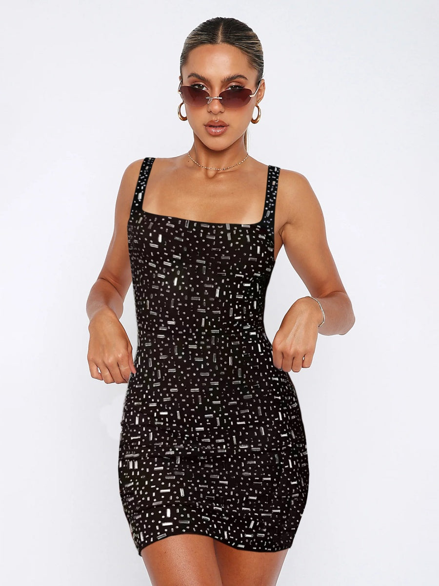 Square Collar Hot Diamond Backless Camisoles Hip-hugging Mini&Short Dresses