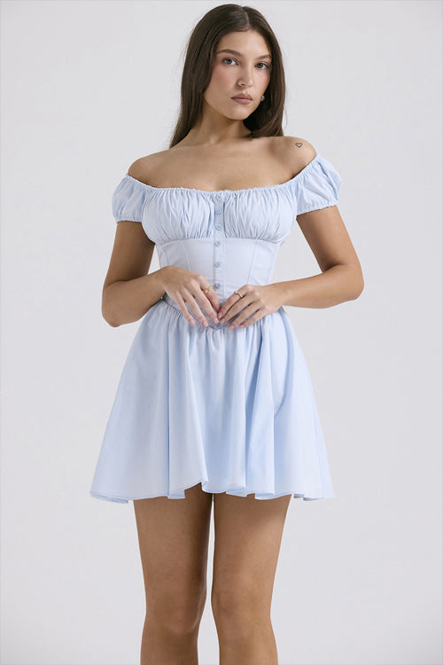 Square Neck Puff Sleeve Button Front Corset Bodice Skater Mini Dress