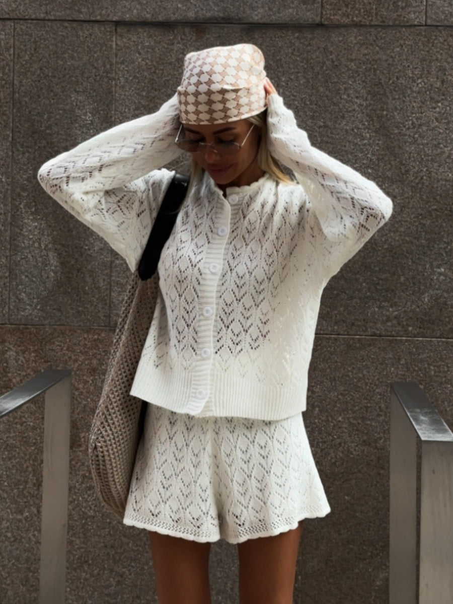 Jacquard Knitting Hollow Cardigan Top Shorts Set 2-piece Sets