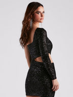 Sequins One Shoulder Hollow Bare Waist Mini&Short Dresses