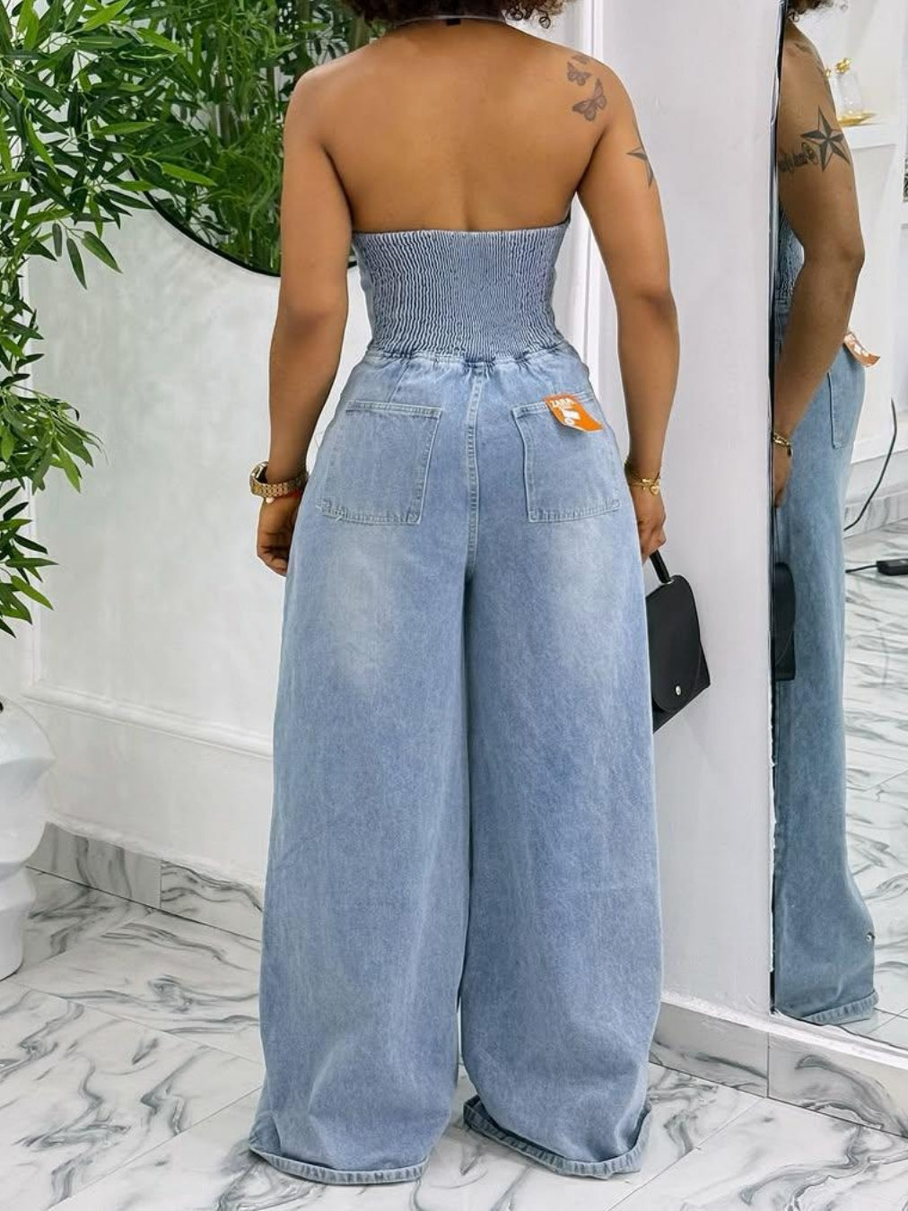 Collared Halter Neck Single-breasted Backless Denim Jumpsuit