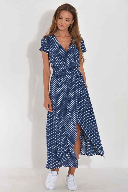 Short Sleeve V-Neck Floral Print Wrap Tie Waist Slit Maxi Dress