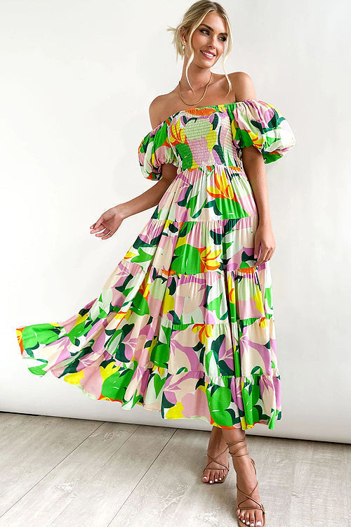 Off Shoulder Smocked Tiered Abstract Circle Print Maxi Dress
