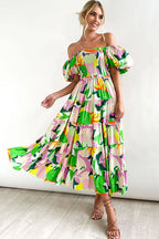 Off Shoulder Smocked Tiered Abstract Circle Print Maxi Dress