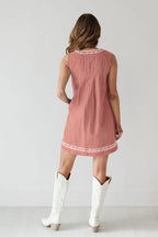 Embroidered V-Neck Tie Drawstring Lace Trim Pocket Chambray Mini Dress
