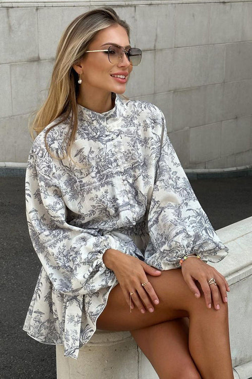 Toile Print Mock Neck Balloon Sleeve Belted Ruffle Hem Mini Dress
