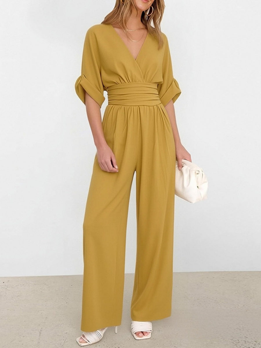 V-neck Waist Mid-length Sleeves Wide Leg Temperament Commuting Jumpsuits