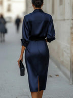Swing Collar Draped Collar Grace Long Sleeve Belt Midi Dresses