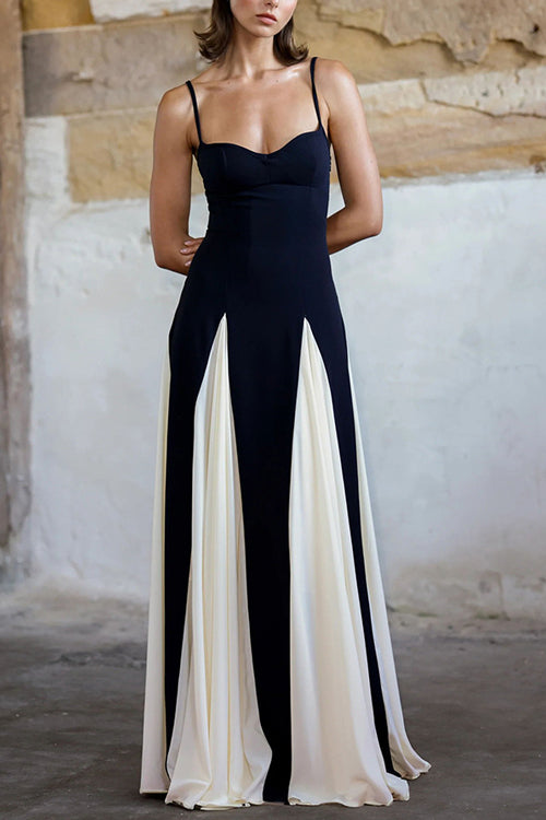 Spaghetti Strap Sweetheart Corset Bodice Pleated Godet Panel Maxi Dress