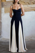 Spaghetti Strap Sweetheart Corset Bodice Pleated Godet Panel Maxi Dress