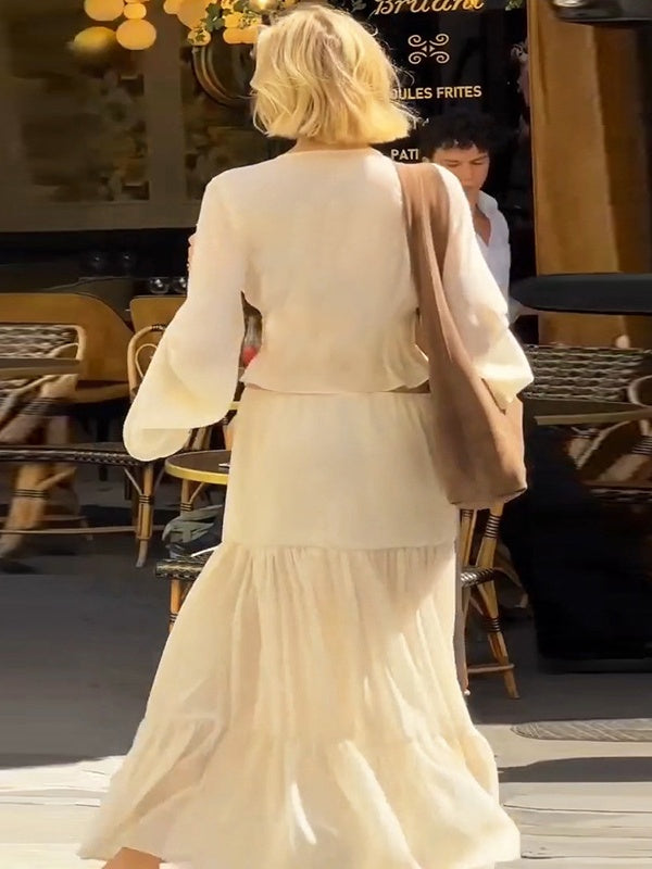 Two-piece Set: Lace Chiffon Cardigan Top, Loose-fitting Sheer Belted Skirt