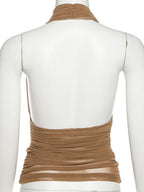 Mesh Pleats V-neck Halter Neck Backless Tank Tops