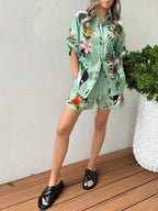 Printed Vacation Long-sleeved Shirt Shorts Set 2-piece Sets
