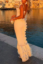 Spaghetti Strap Open Back Ruffle Trim Maxi Dress