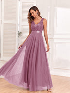V-neck Embroidery Sequins Elegant Gauze Formal Dress Maxi Dresses