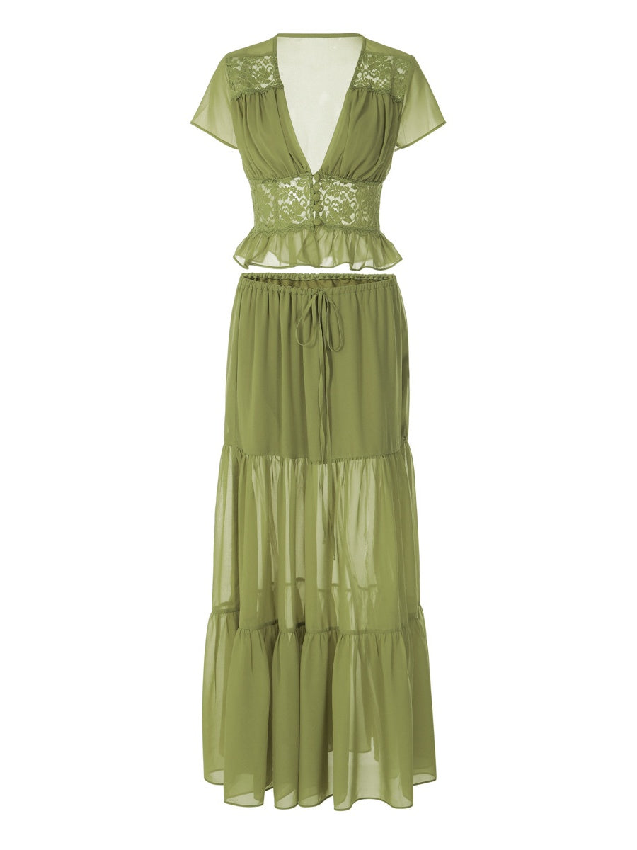 Silk Chiffon Cardigan T-shirt Loose See-through Long Dress With Tie