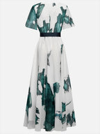 V-neck Digital Printing Thin Rope Short-sleeved Long Dress