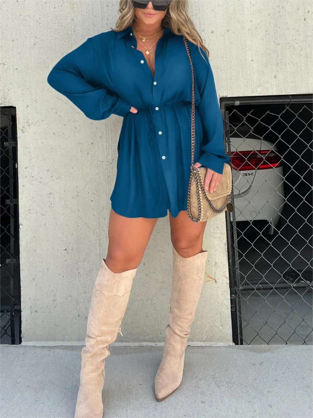 Long Sleeve Button Down Drawstring Waist Shirt Mini Dress